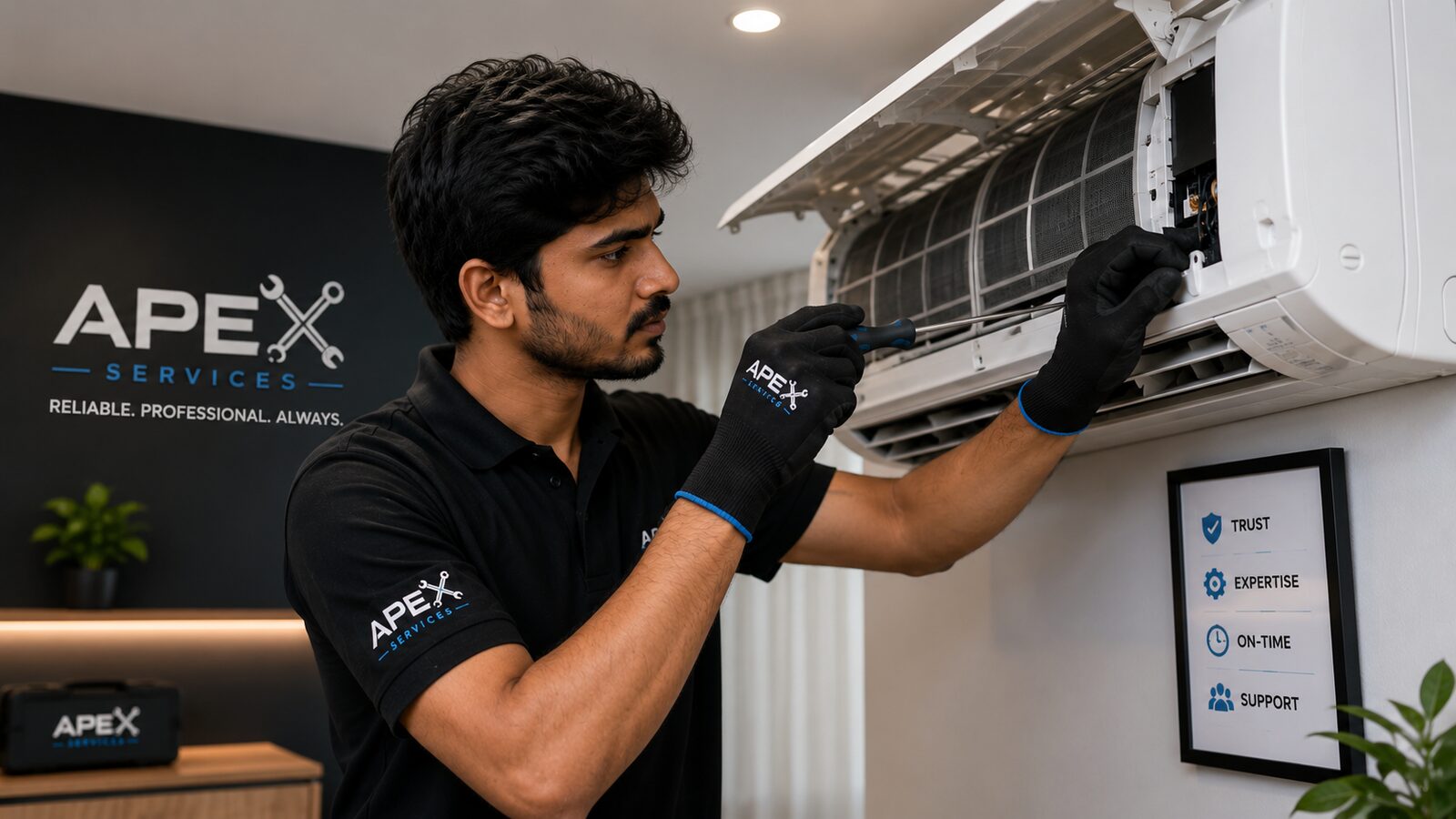 Fix It Vellore technician repairing an air conditioner unit indoors